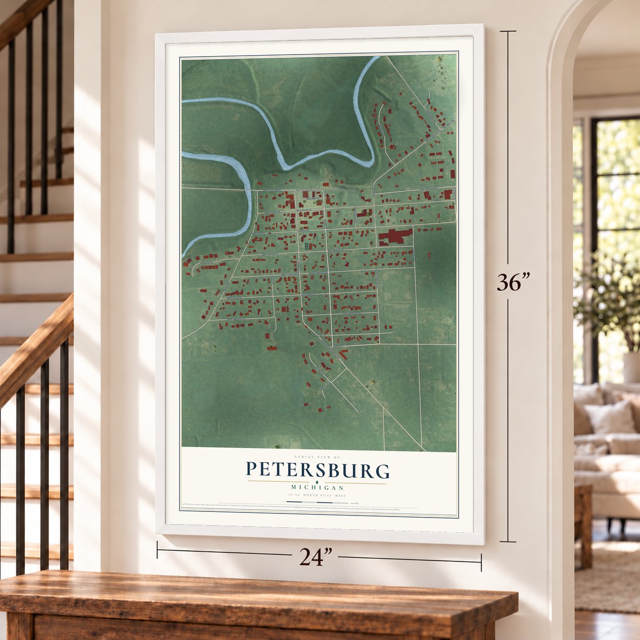 Petersburg, Michigan map, 24 x 36 inch print in a white frame by a staircase