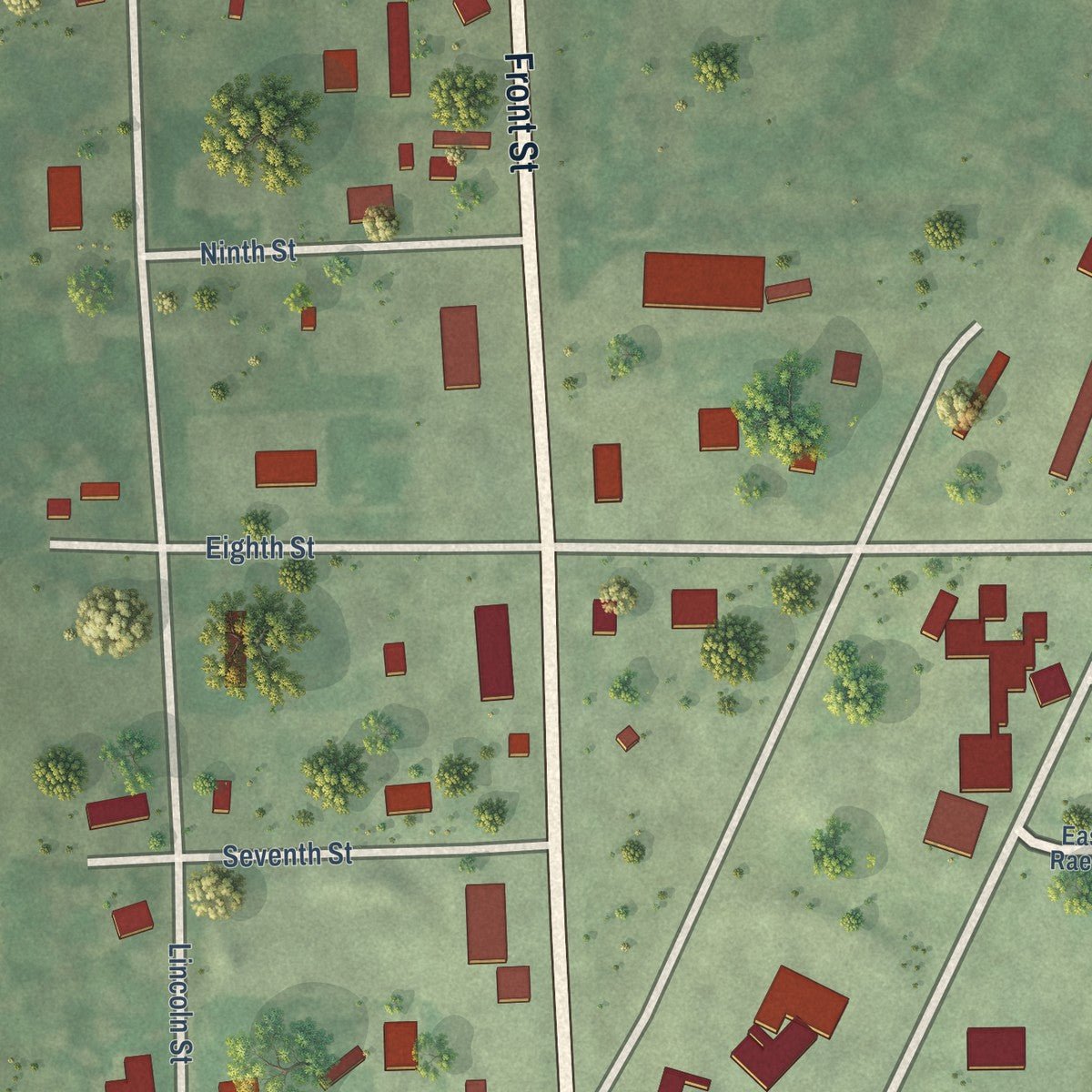 Second close-up of the map of Petersburg, Nebraska print showing more streets and buildings