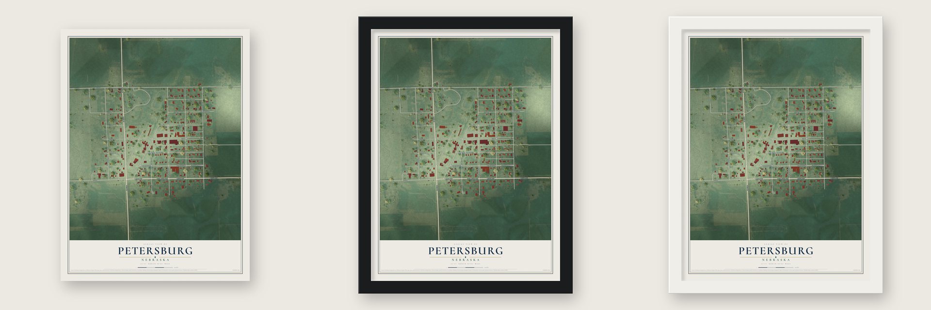 Petersburg, Nebraska map unframed, in a black wood frame and in a white wood frame