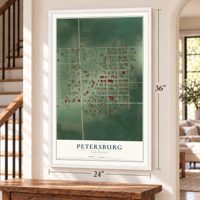 Petersburg, Nebraska map, 24 x 36 inch print in a white frame by a staircase