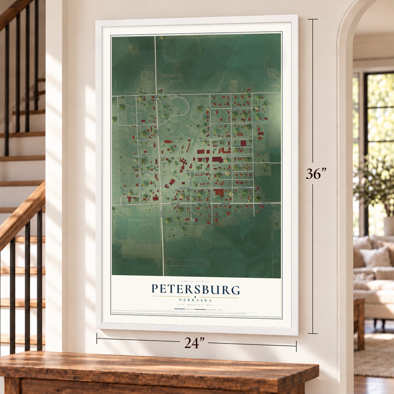 Petersburg, Nebraska map, 24 x 36 inch print in a white frame by a staircase