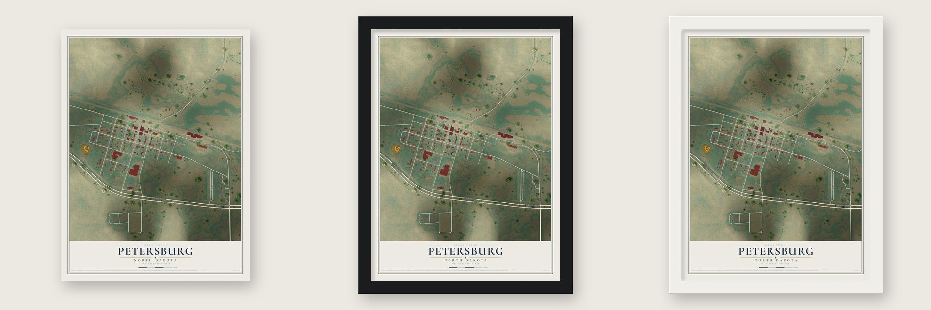 Petersburg, North Dakota map unframed, in a black wood frame and in a white wood frame