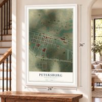 Petersburg, North Dakota map, 24 x 36 inch print in a white frame by a staircase