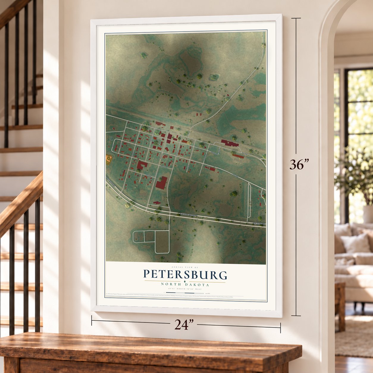 Petersburg, North Dakota map, 24 x 36 inch print in a white frame by a staircase