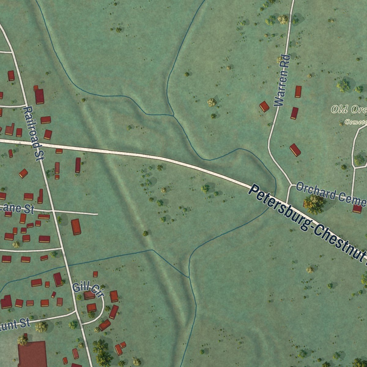 Second close-up of the map of Petersburg, Tennessee print showing more streets and buildings