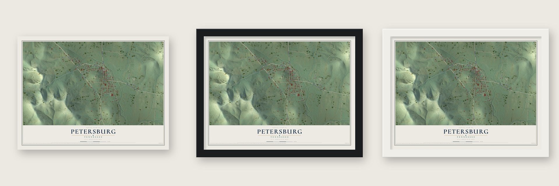 Petersburg, Tennessee map unframed, in a black wood frame and in a white wood frame
