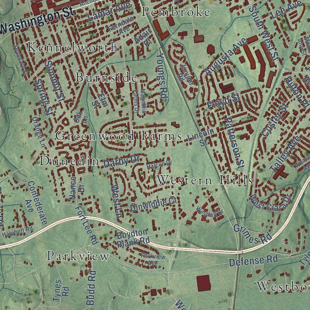 Second close-up of the map of Petersburg, Virginia print showing more streets and buildings