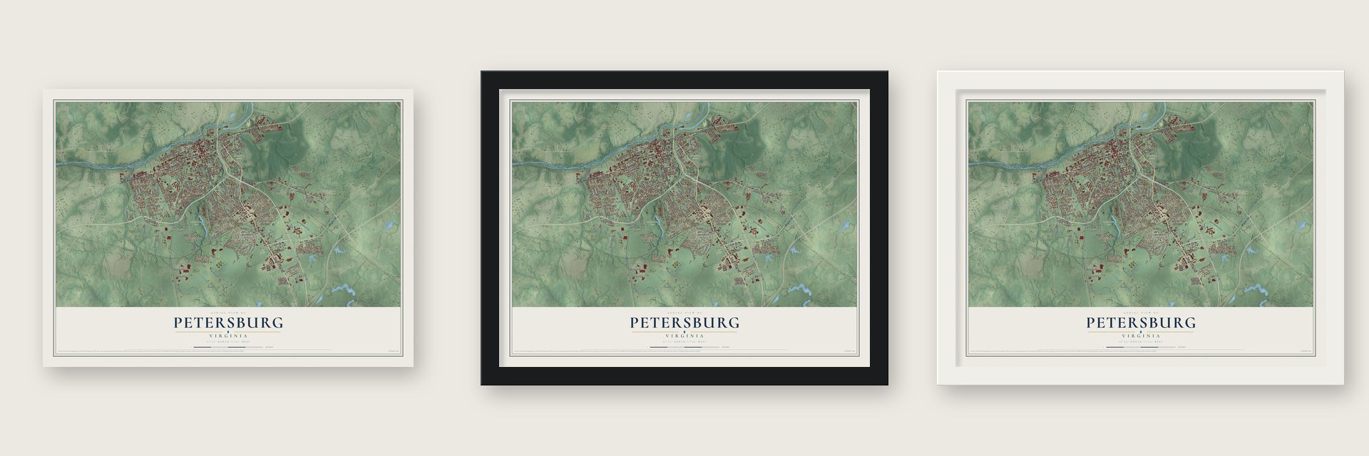 Petersburg, Virginia map unframed, in a black wood frame and in a white wood frame