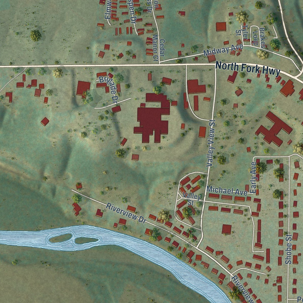 Second close-up of the map of Petersburg, West Virginia print showing more streets and buildings