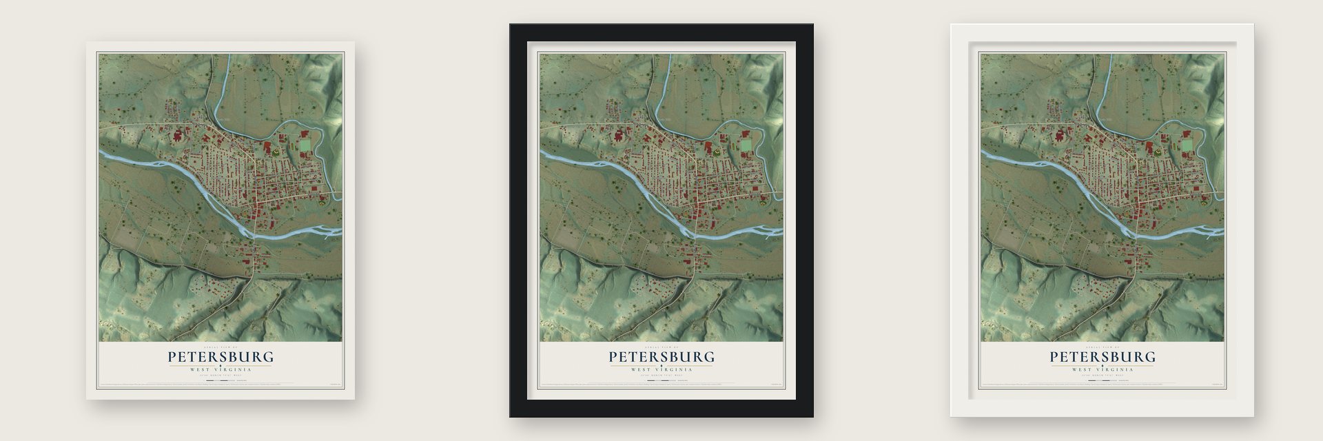 Petersburg, West Virginia map unframed, in a black wood frame and in a white wood frame