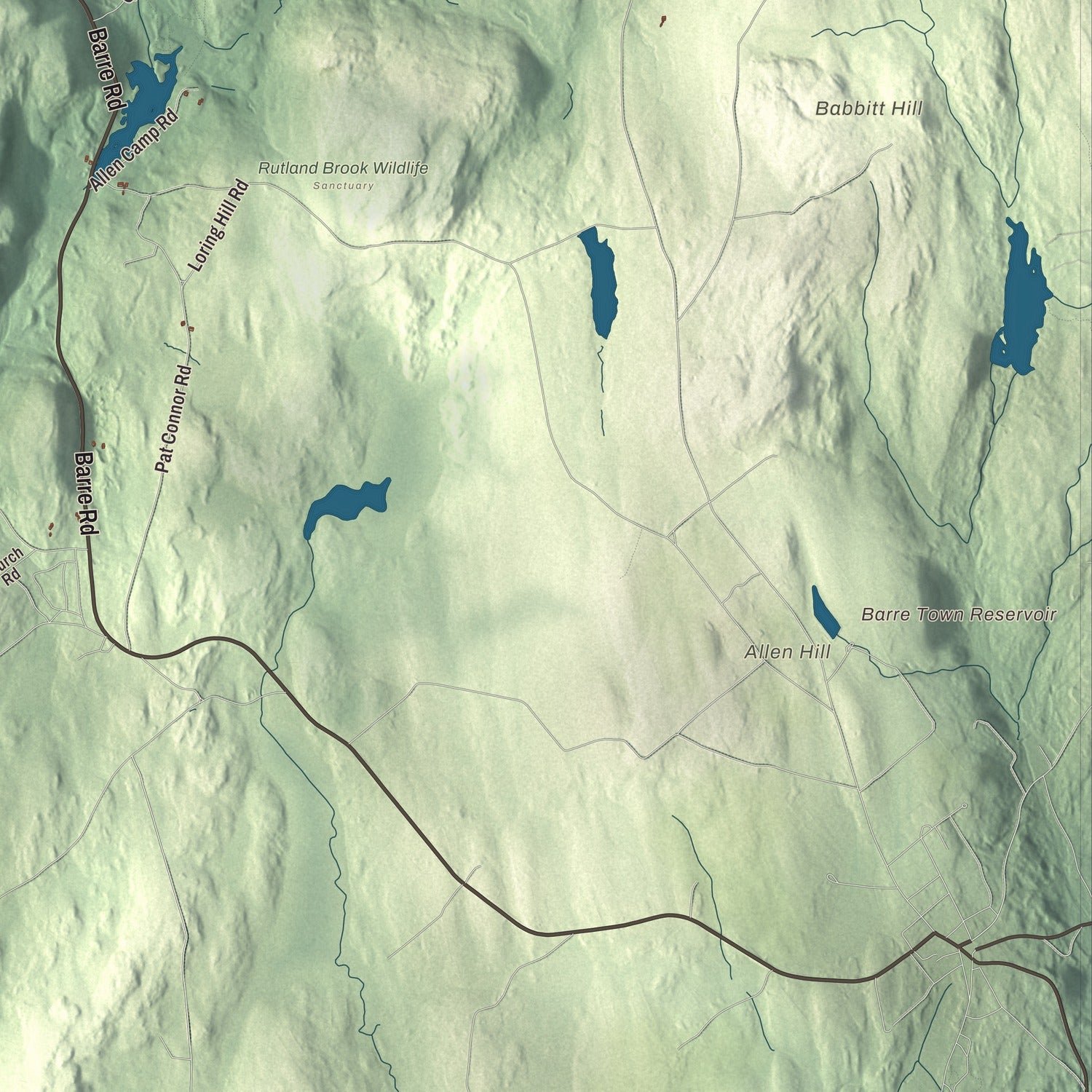 Close-up of the map of Petersham, Massachusetts print showing terrain and local geography