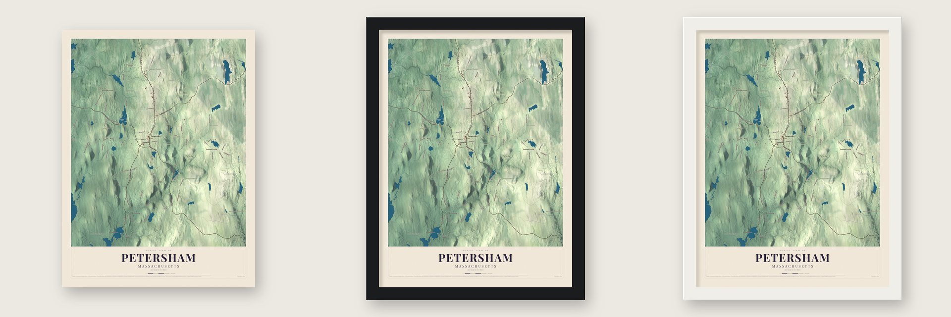 Petersham, Massachusetts map unframed, in a black wood frame and in a white wood frame
