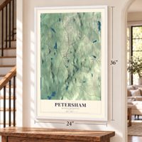 Petersham, Massachusetts map, 24 x 36 inch print in a white frame by a staircase