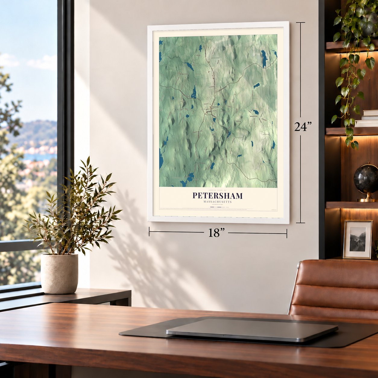 Petersham, Massachusetts map, 18 x 24 inch print in a white frame in a home office
