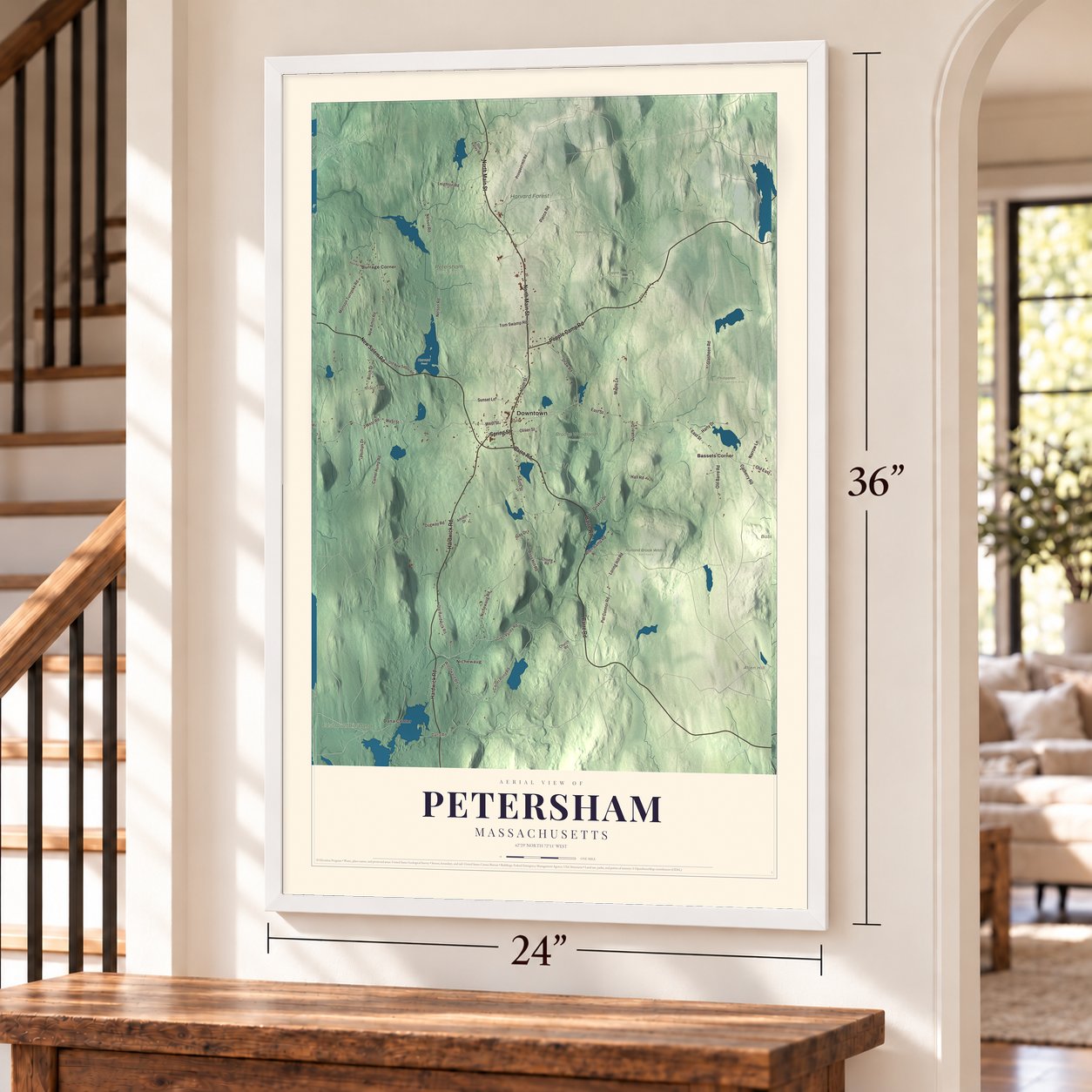 Petersham, Massachusetts map, 24 x 36 inch print in a white frame by a staircase