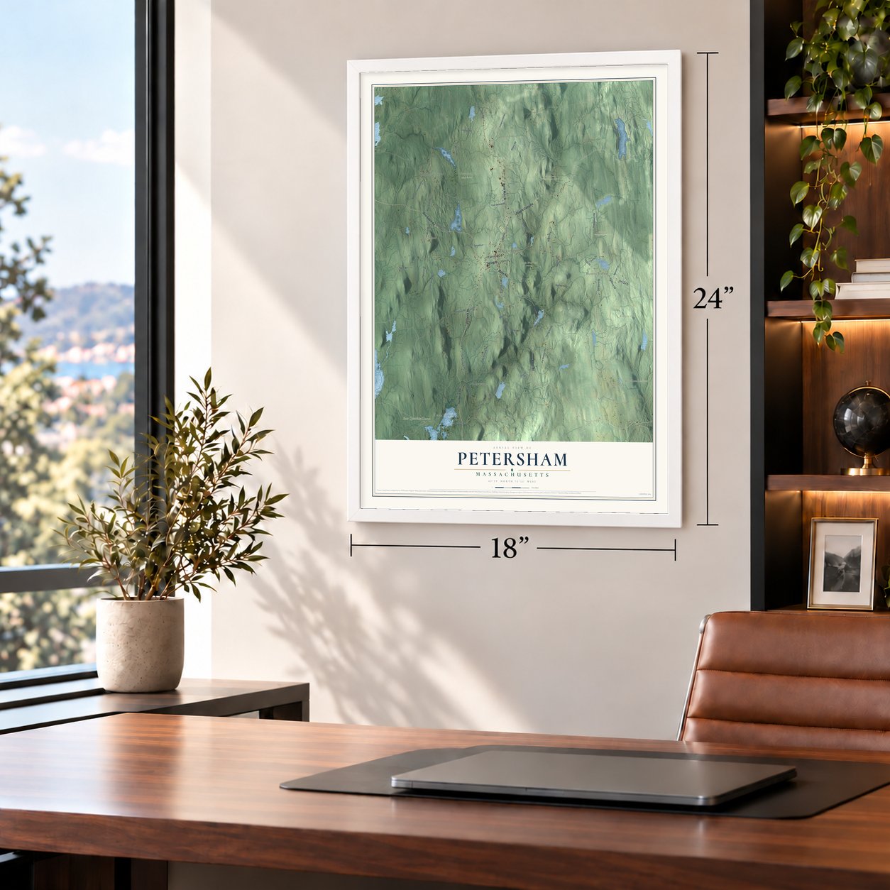 Petersham, Massachusetts map, 18 x 24 inch print in a white frame in a home office