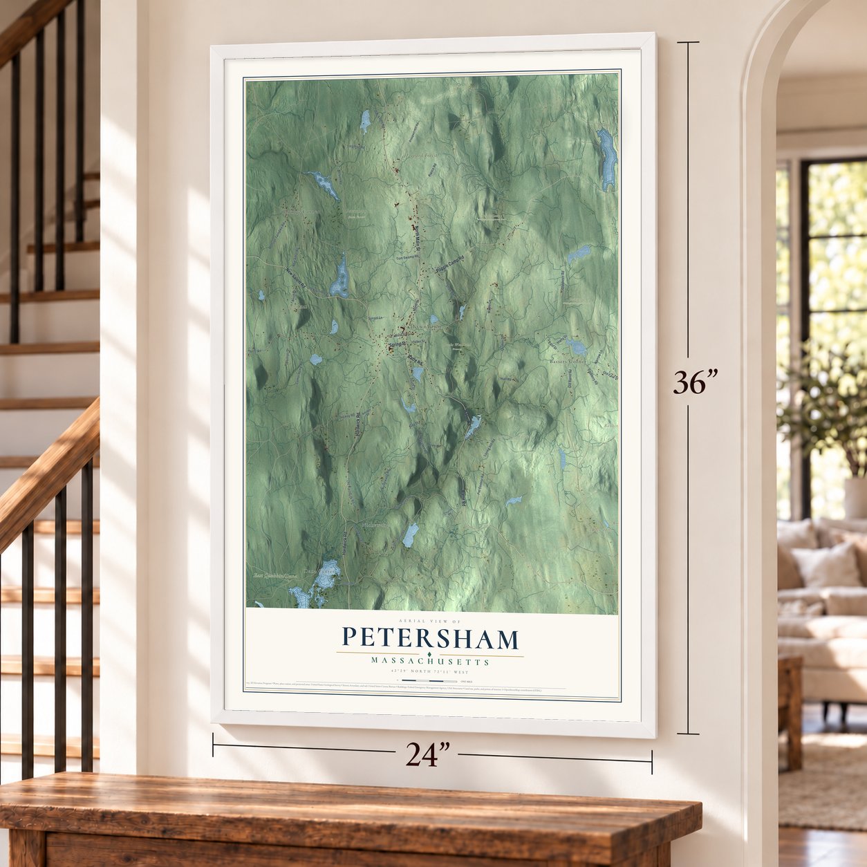 Petersham, Massachusetts map, 24 x 36 inch print in a white frame by a staircase