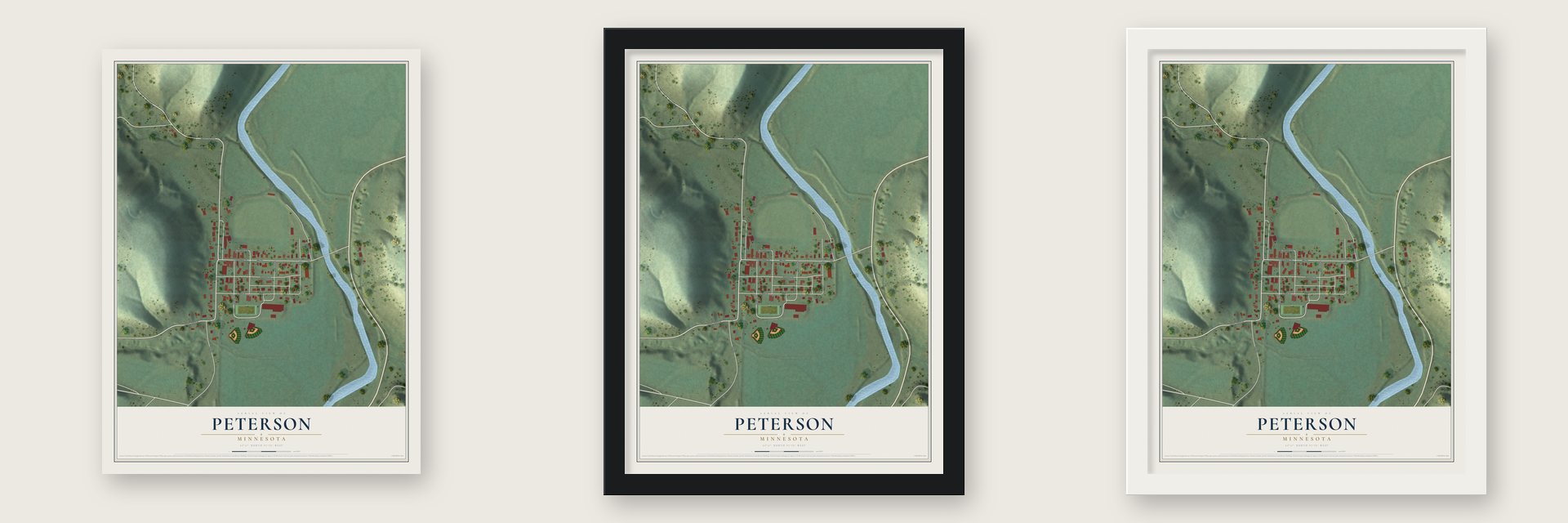 Peterson, Minnesota map unframed, in a black wood frame and in a white wood frame