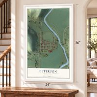 Peterson, Minnesota map, 24 x 36 inch print in a white frame by a staircase
