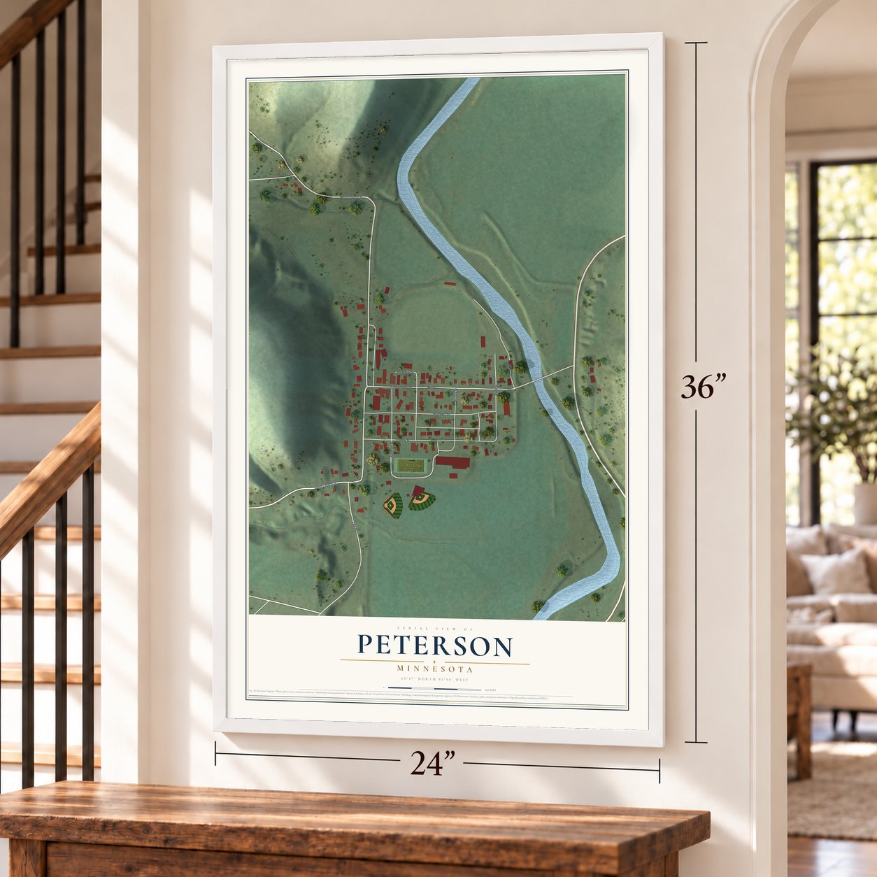 Peterson, Minnesota map, 24 x 36 inch print in a white frame by a staircase