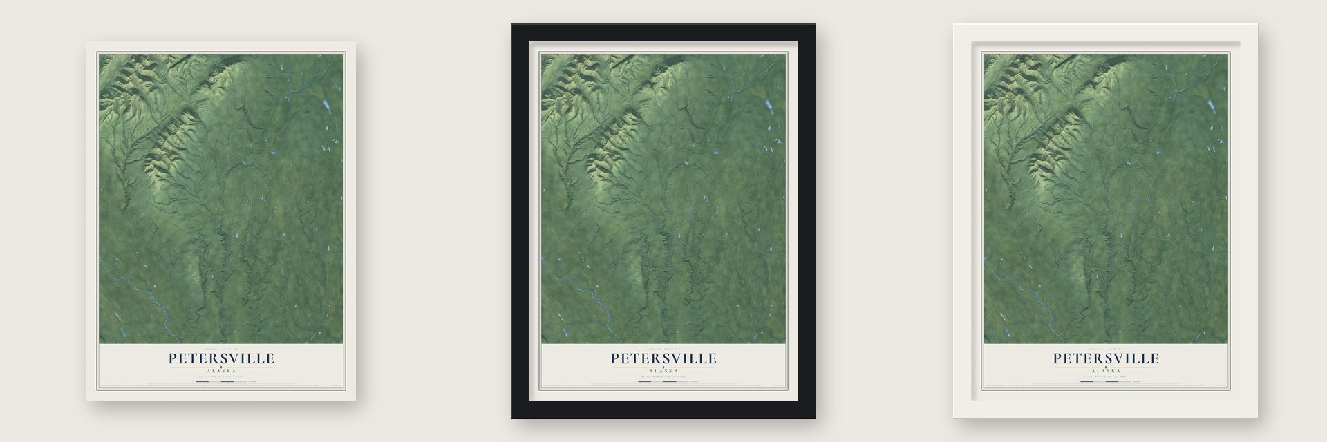 Petersville, Alaska map unframed, in a black wood frame and in a white wood frame