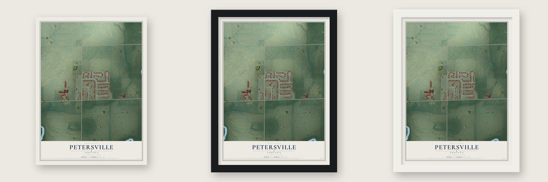 Petersville, Indiana map unframed, in a black wood frame and in a white wood frame