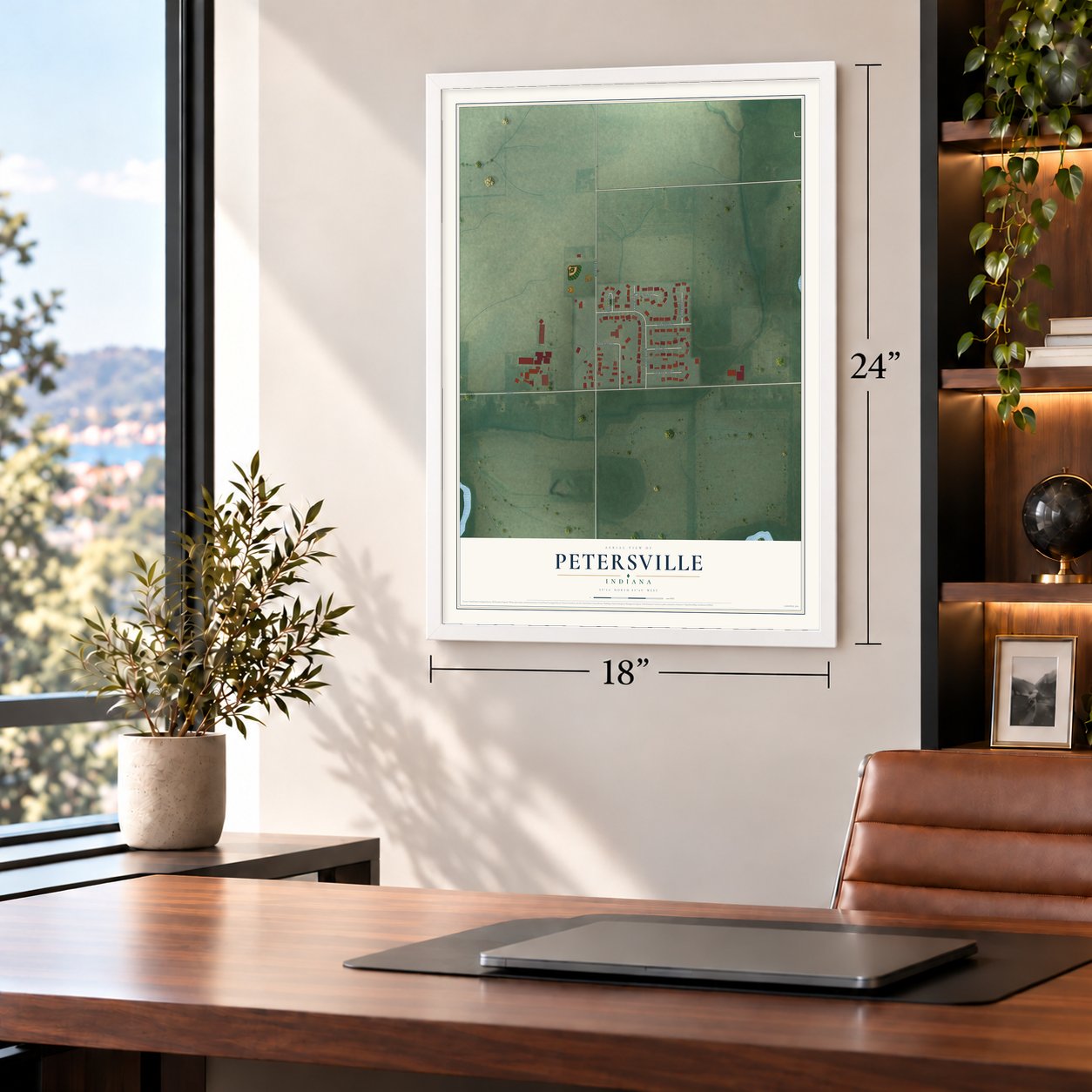 Petersville, Indiana map, 18 x 24 inch print in a white frame in a home office