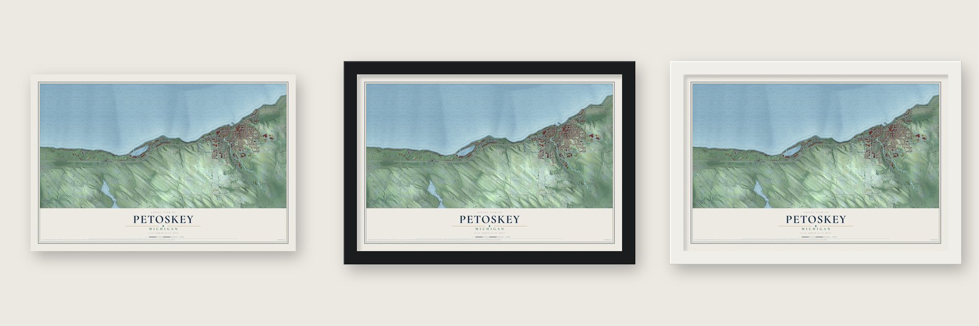 Petoskey, Michigan map unframed, in a black wood frame and in a white wood frame