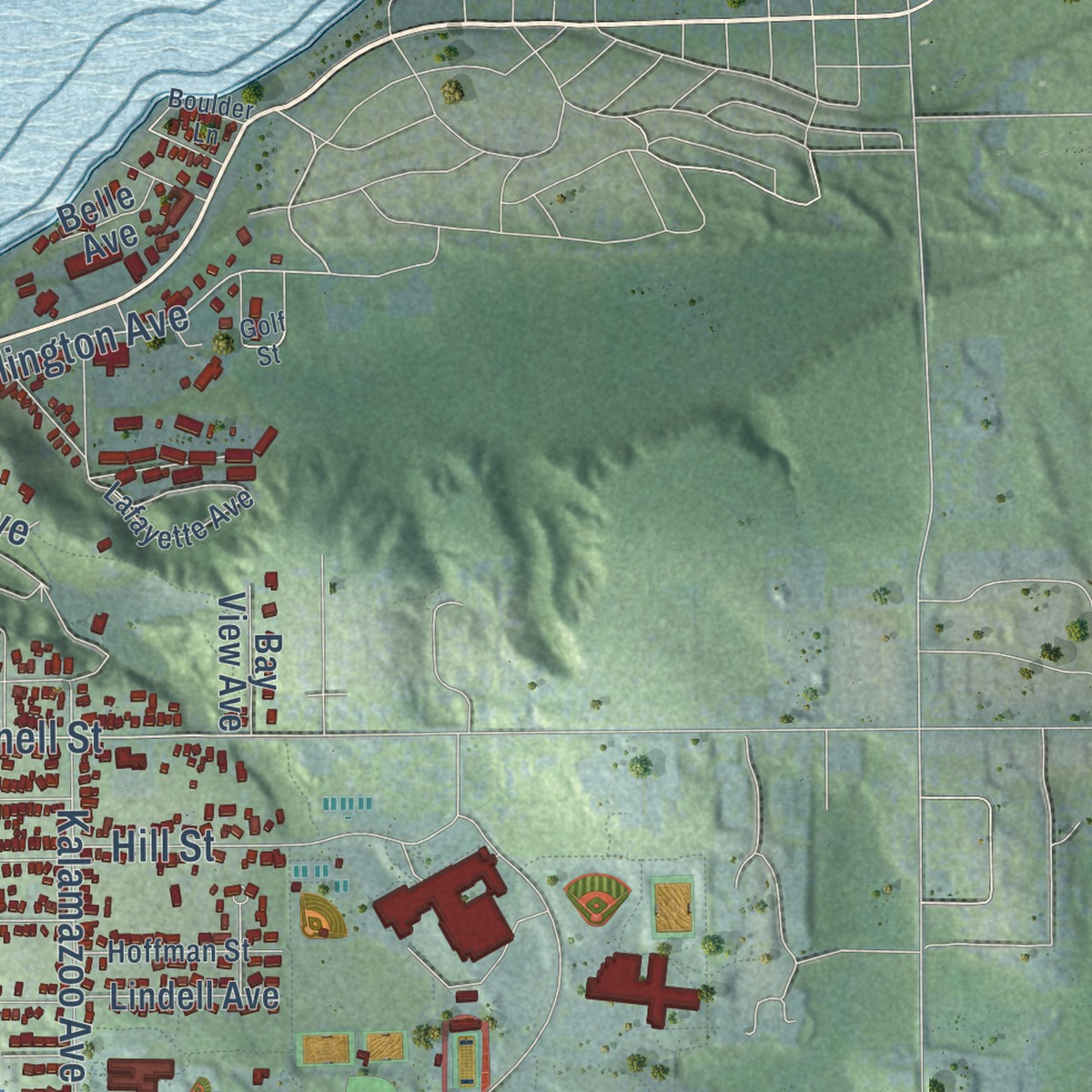 Second close-up of the map of Petoskey, Michigan print showing more streets and buildings