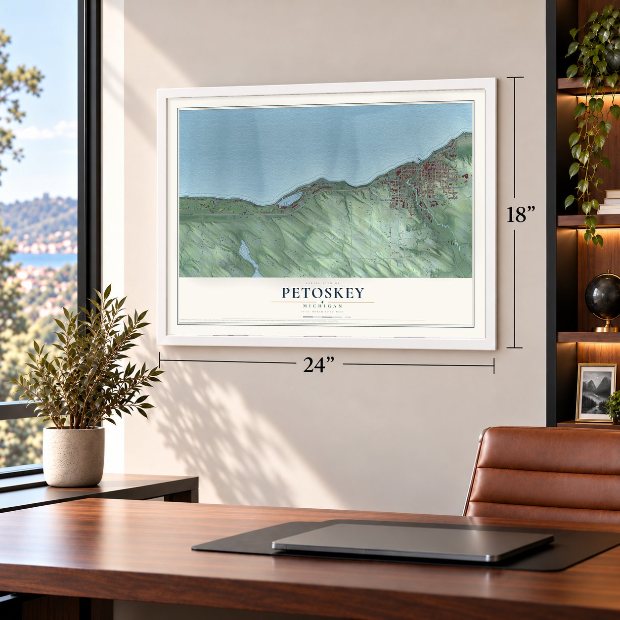 Petoskey, Michigan map, 18 x 24 inch print in a white frame in a home office