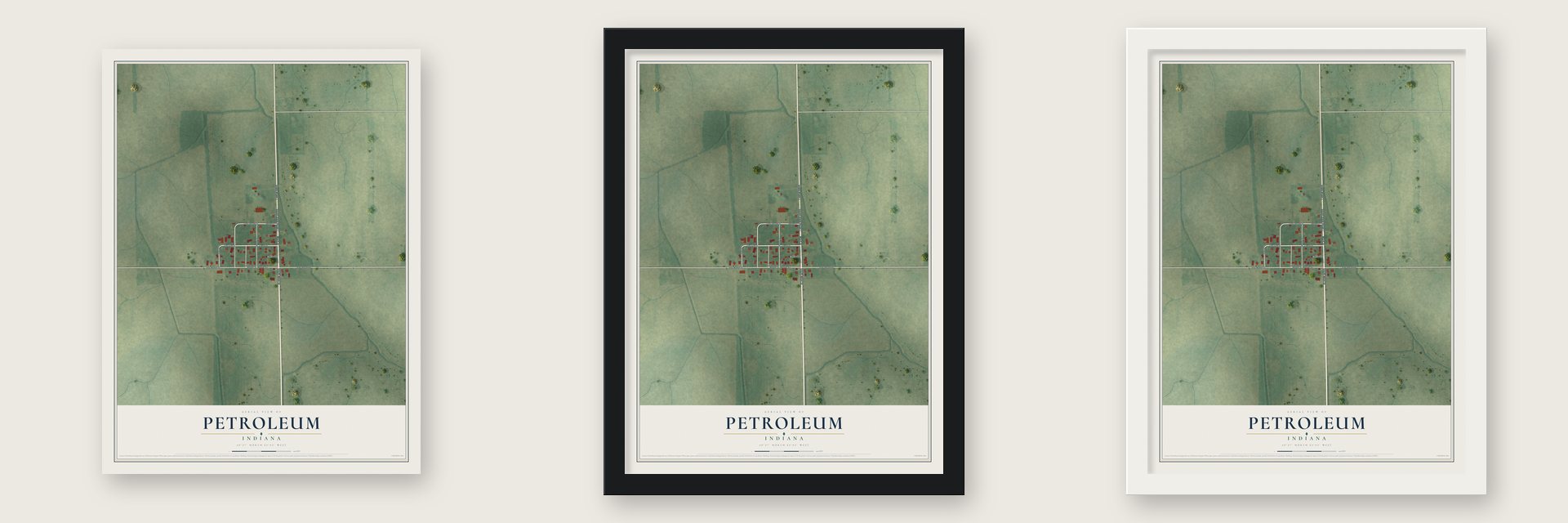 Petroleum, Indiana map unframed, in a black wood frame and in a white wood frame