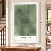 Petroleum, Indiana map, 24 x 36 inch print in a white frame by a staircase