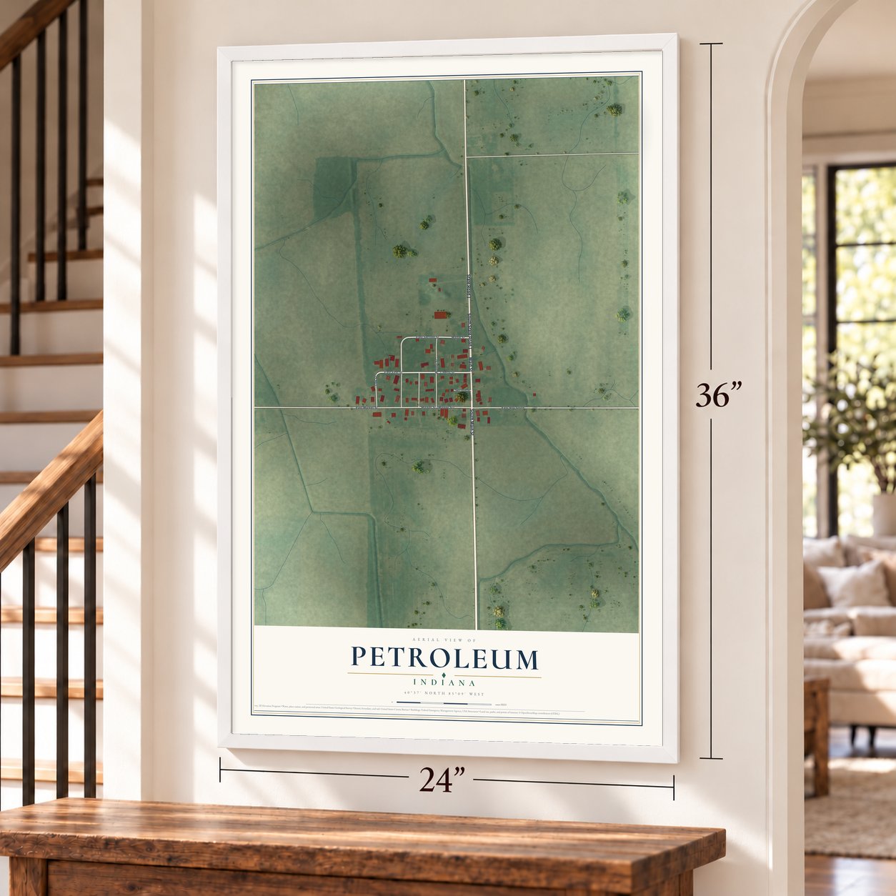 Petroleum, Indiana map, 24 x 36 inch print in a white frame by a staircase
