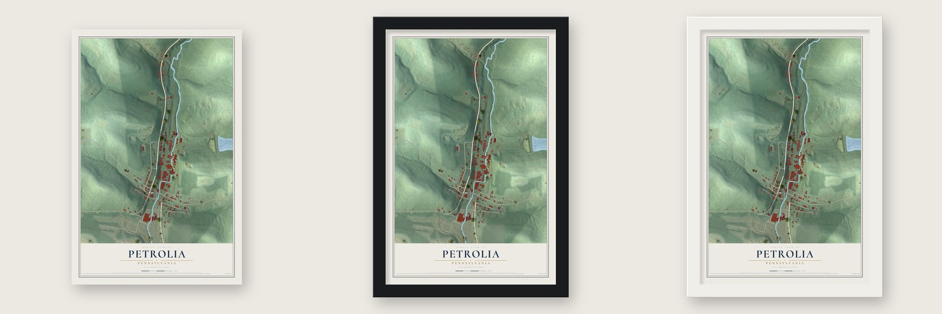 Petrolia, Pennsylvania map unframed, in a black wood frame and in a white wood frame
