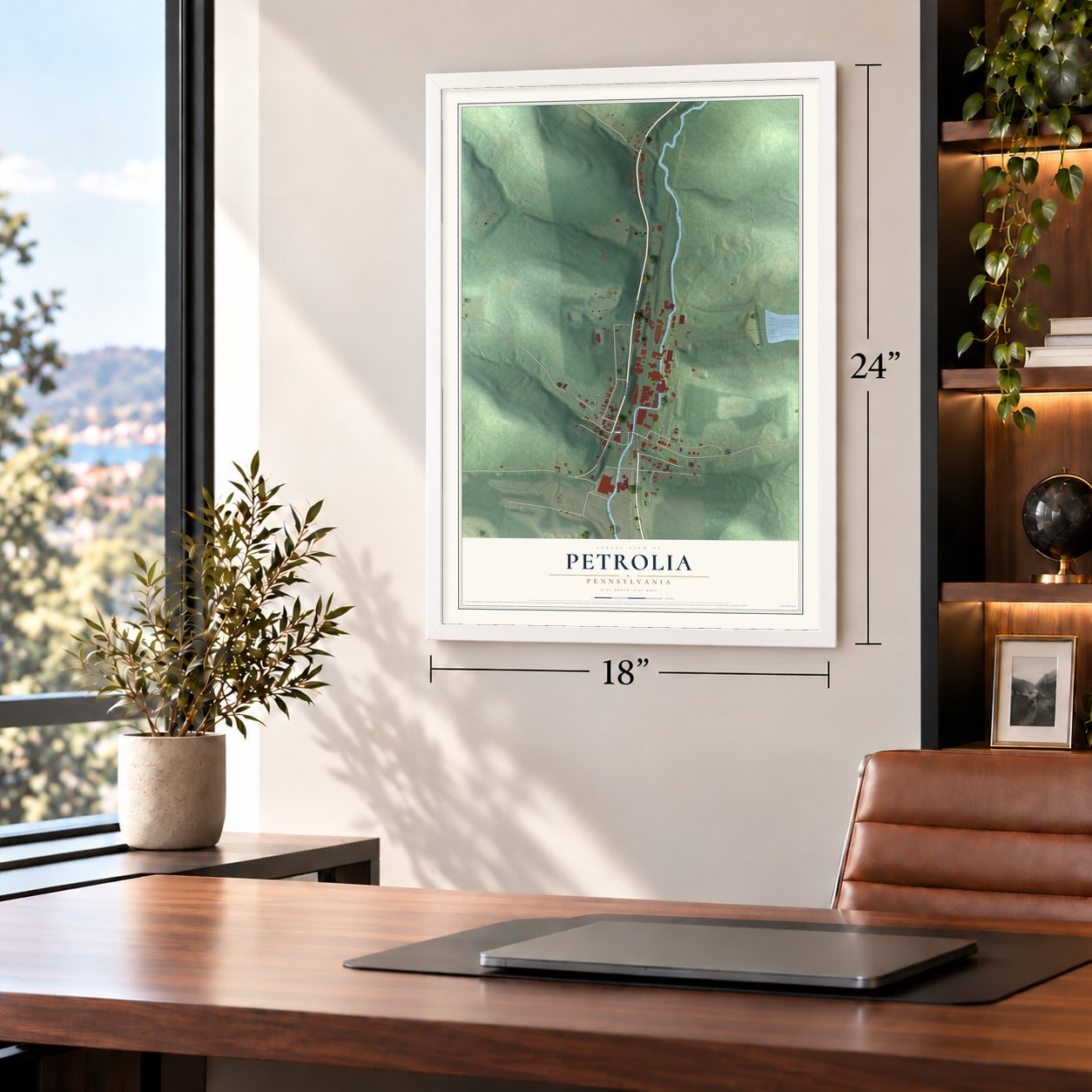 Petrolia, Pennsylvania map, 18 x 24 inch print in a white frame in a home office