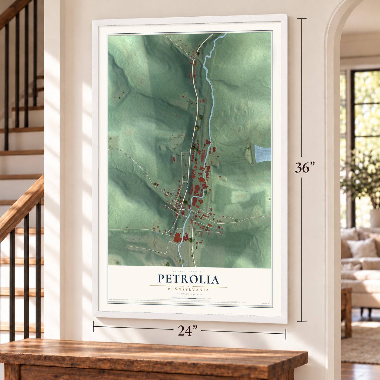 Petrolia, Pennsylvania map, 24 x 36 inch print in a white frame by a staircase
