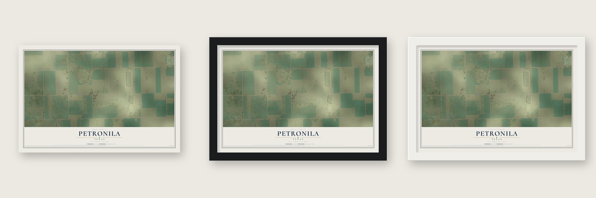 Petronila, Texas map unframed, in a black wood frame and in a white wood frame