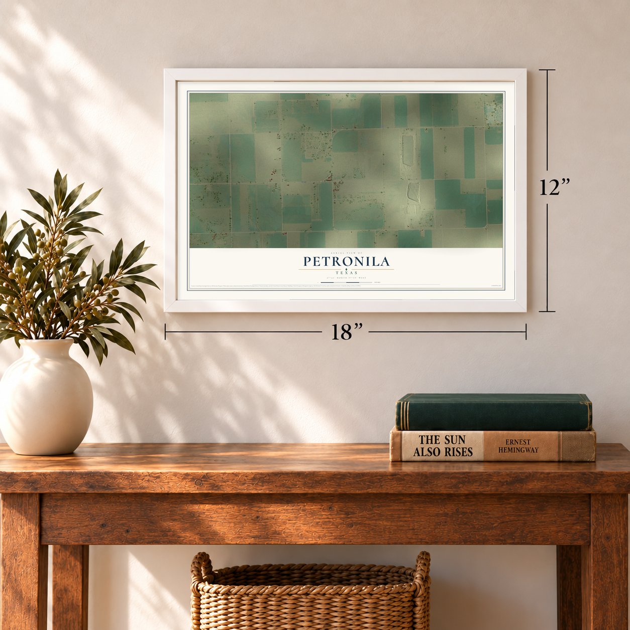 Petronila, Texas map, 12 x 18 inch print in a white frame in an entryway