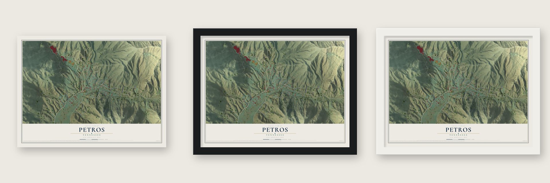 Petros, Tennessee map unframed, in a black wood frame and in a white wood frame