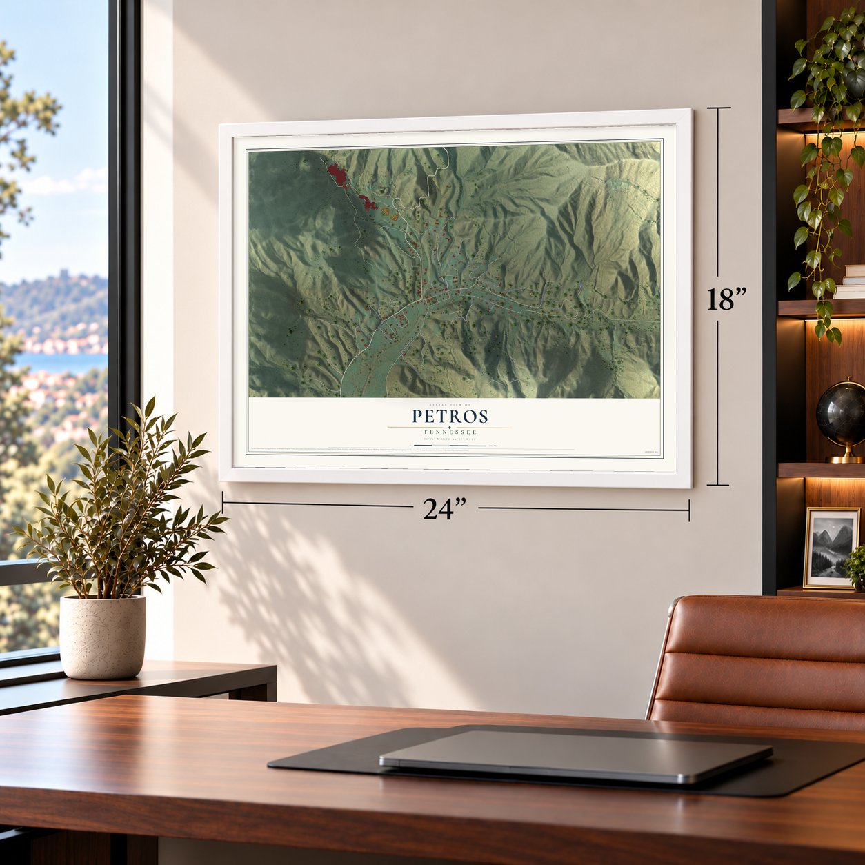 Petros, Tennessee map, 18 x 24 inch print in a white frame in a home office