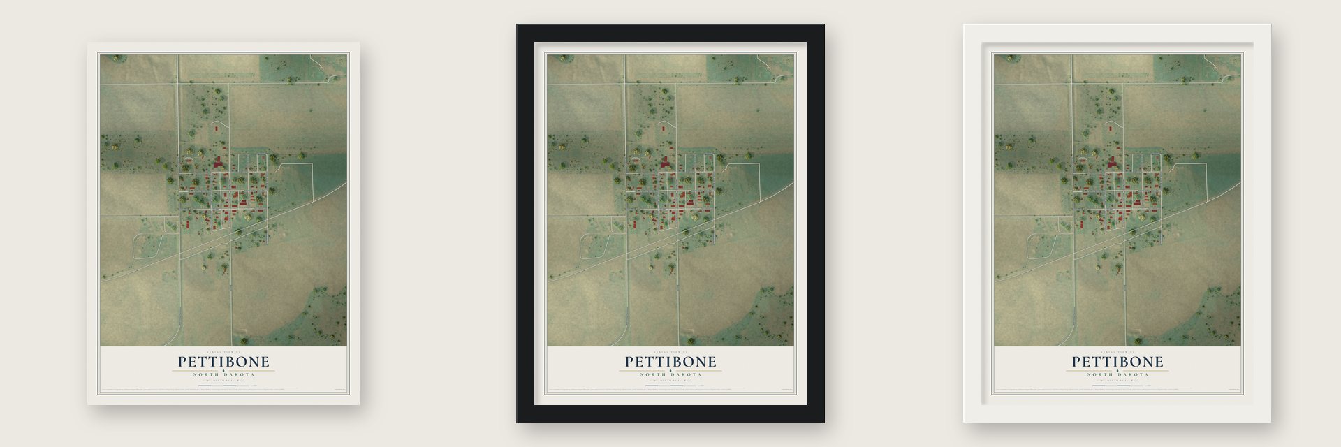 Pettibone, North Dakota map unframed, in a black wood frame and in a white wood frame