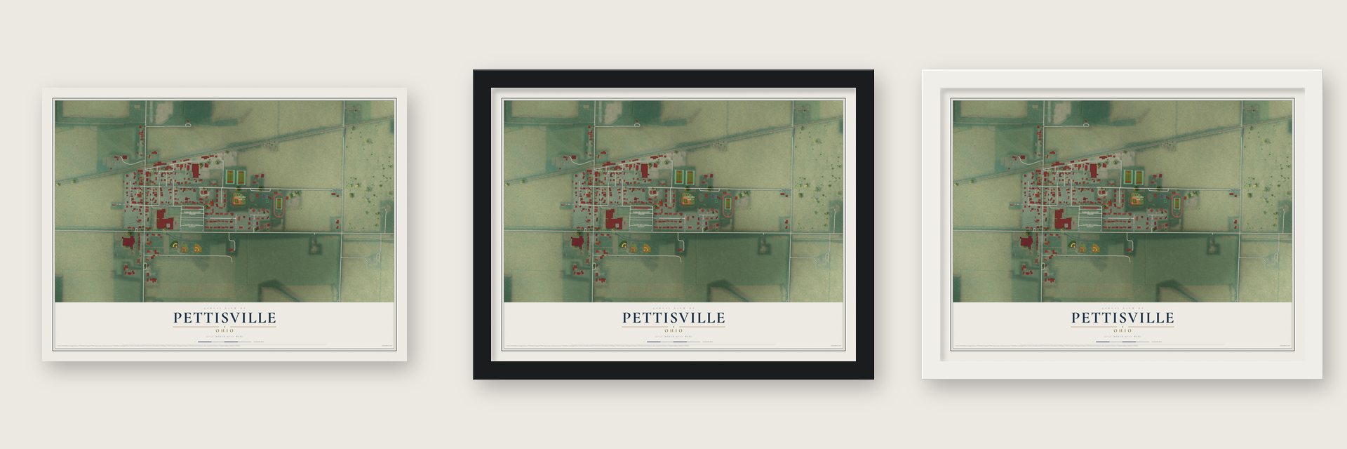 Pettisville, Ohio map unframed, in a black wood frame and in a white wood frame