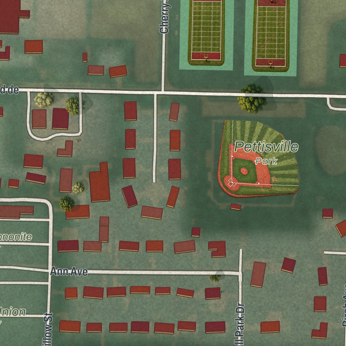 Second close-up of the map of Pettisville, Ohio print showing more streets and buildings