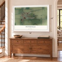 Pettisville, Ohio map, 24 x 36 inch print in a white frame above a dresser by a staircase