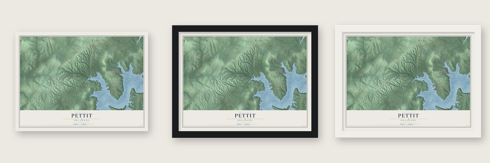 Pettit, Oklahoma map unframed, in a black wood frame and in a white wood frame