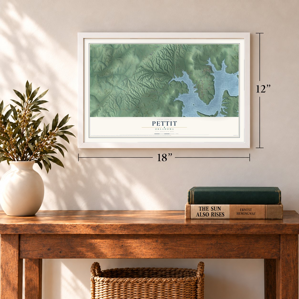 Pettit, Oklahoma map, 12 x 18 inch print in a white frame in an entryway