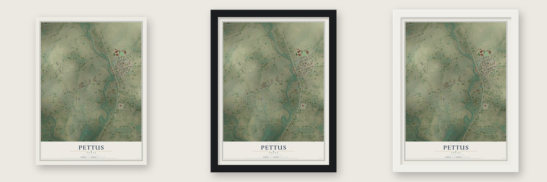 Pettus, Texas map unframed, in a black wood frame and in a white wood frame