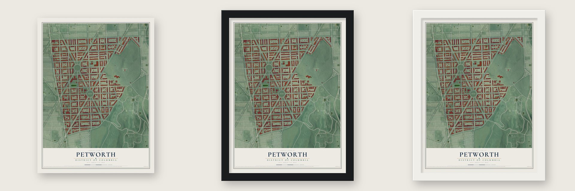 Petworth, District of Columbia map unframed, in a black wood frame and in a white wood frame