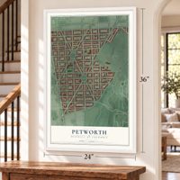 Petworth, District of Columbia map, 24 x 36 inch print in a white frame by a staircase