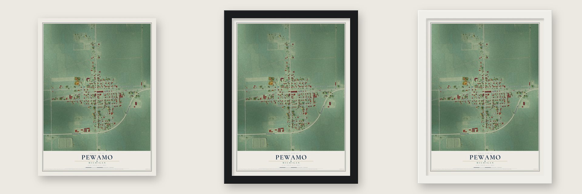Pewamo, Michigan map unframed, in a black wood frame and in a white wood frame